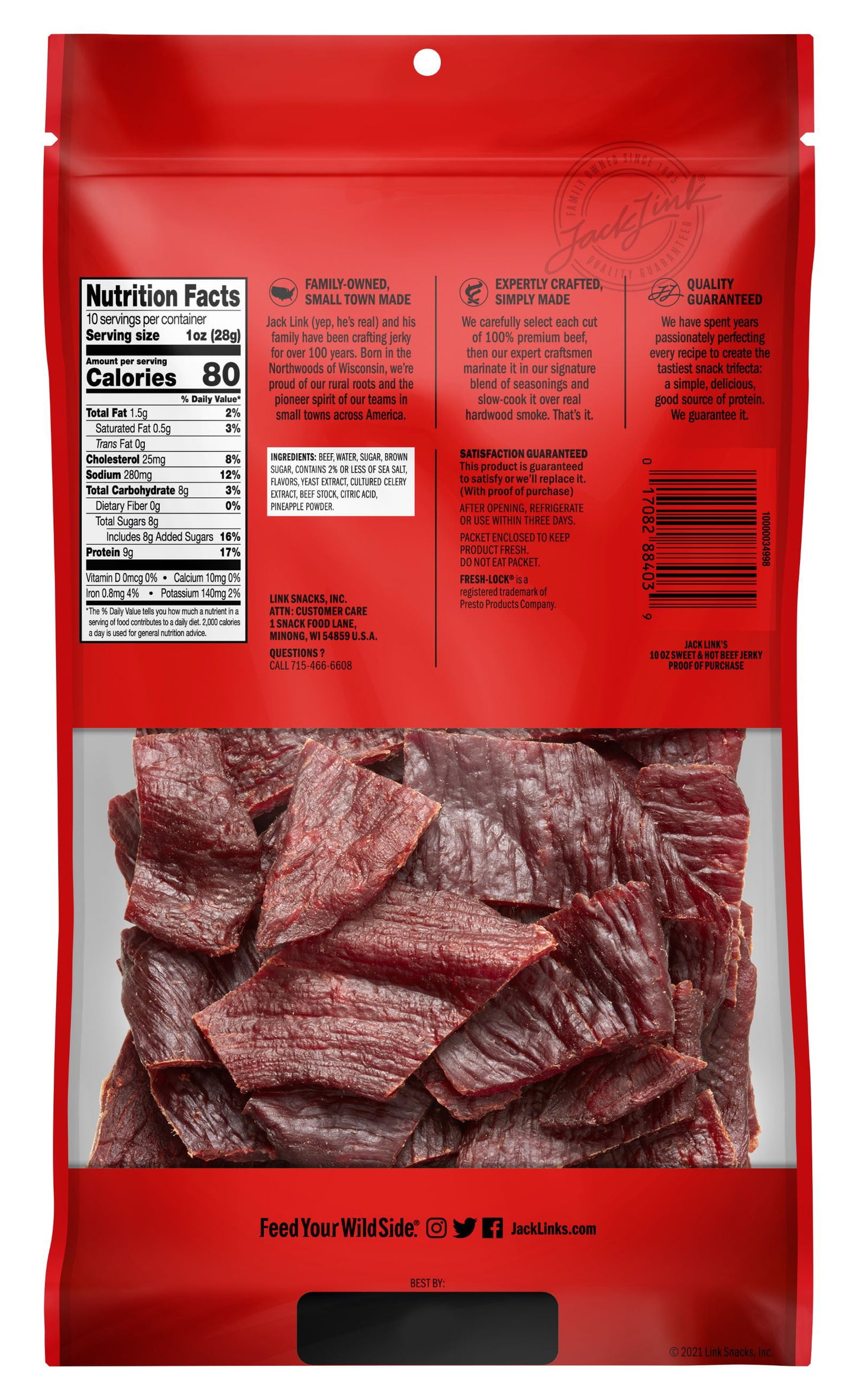 Jack Link’s Beef Jerky, Sweet & Hot, 100% Beef, 9g of Protein per Serving, 10 oz Bag