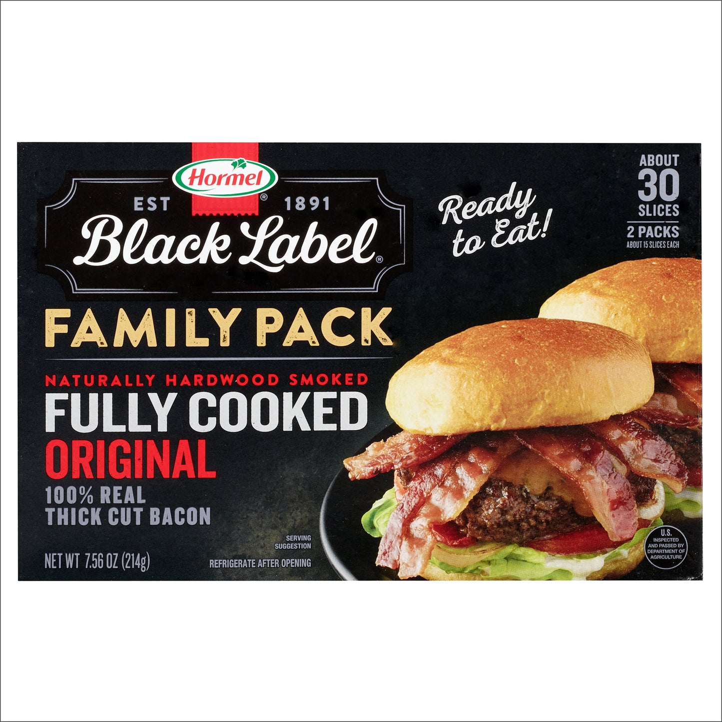 Hormel Black Label, Fully Cooked Pork Bacon, Family Pack, 7.56 oz