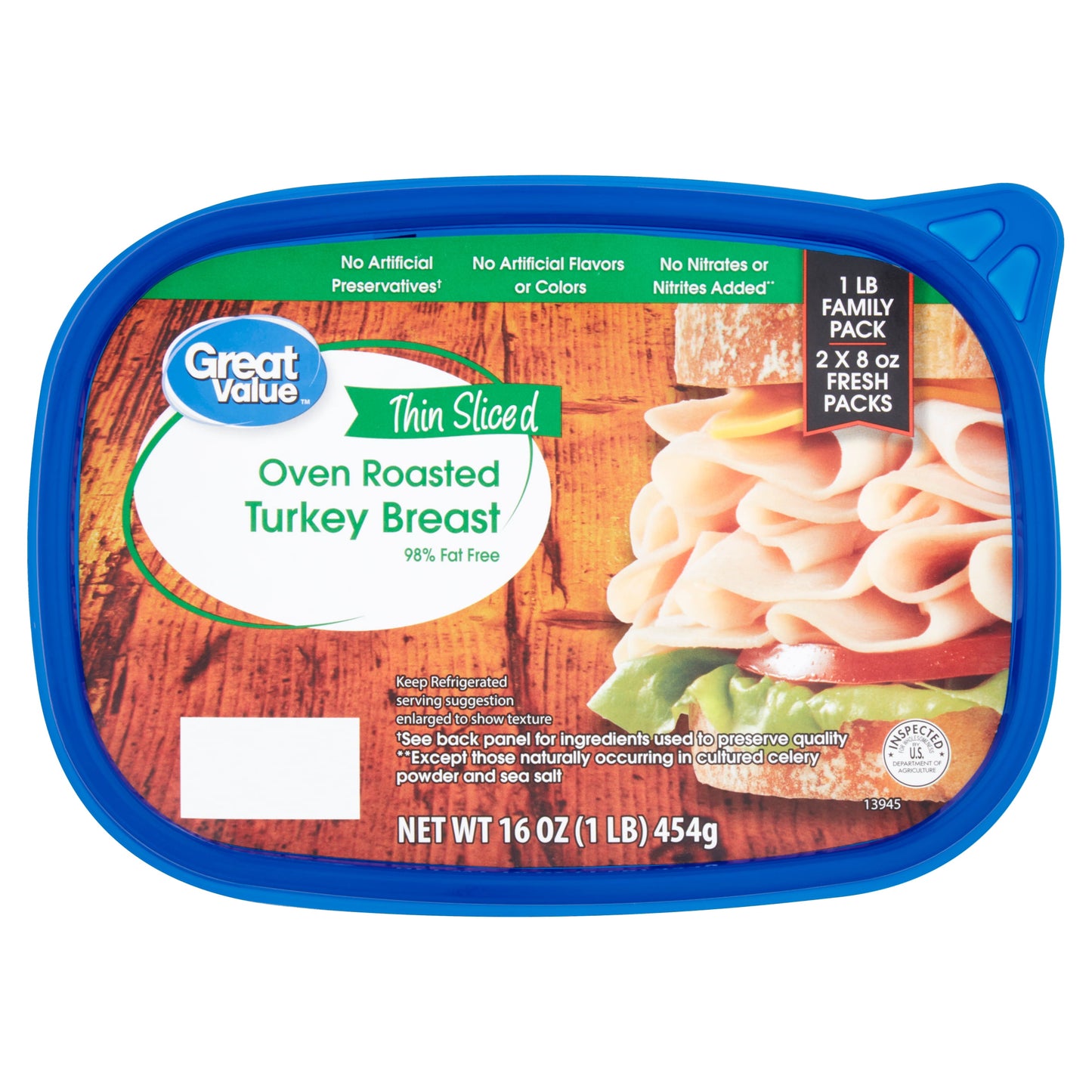 Great Value Thin Sliced Oven Roasted Turkey Breast Family Pack, 8 oz, 2 Ct