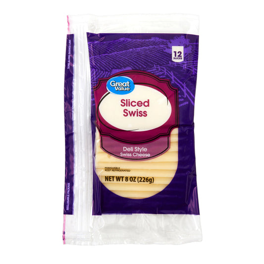 Great Value Deli Style Sliced Swiss Cheese, 8 oz, 12 Count