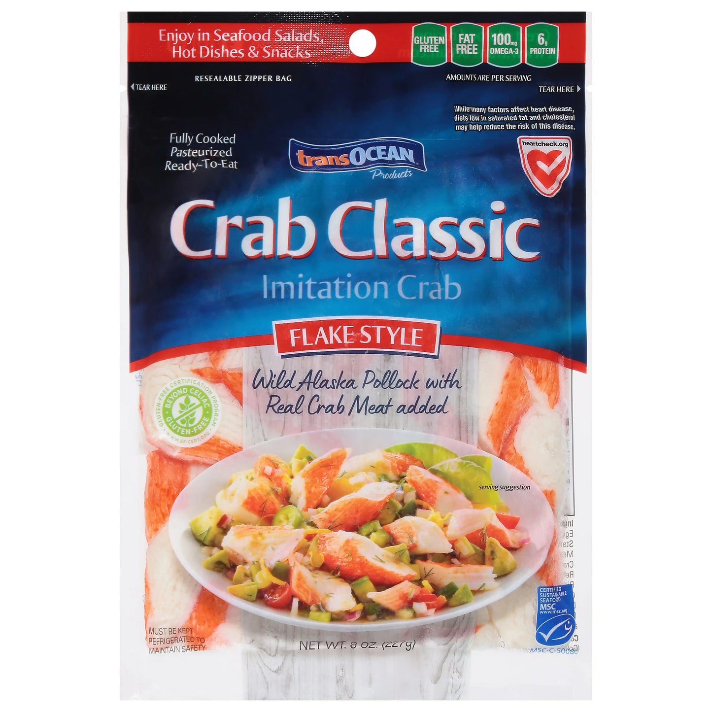 Transocean Crab Classic, Flake Style Imitation Crab, 8 oz Bag