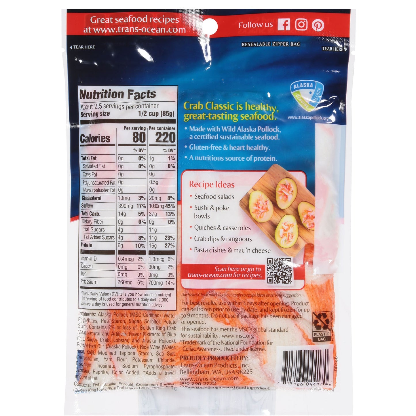 Transocean Crab Classic, Flake Style Imitation Crab, 8 oz Bag