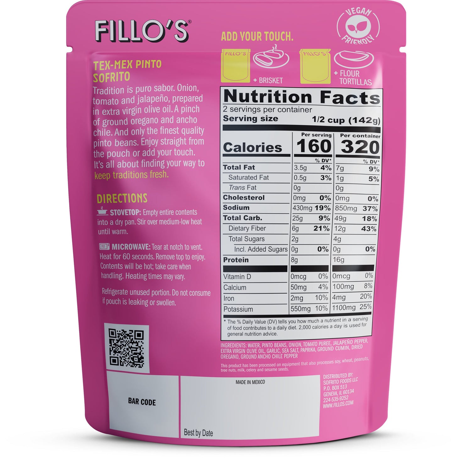 FILLO'S Tex Mex Pinto Beans - Single Pouch, 10 oz