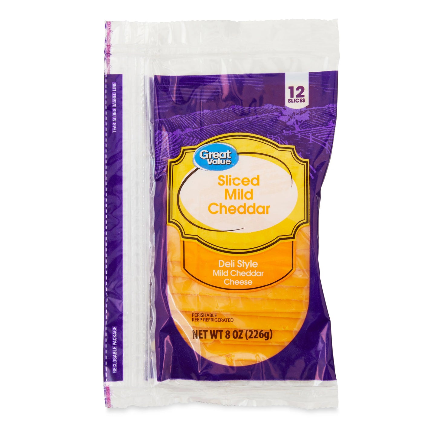 Great Value Deli Style Sliced Mild Cheddar Cheese, 8 oz, 12 Count