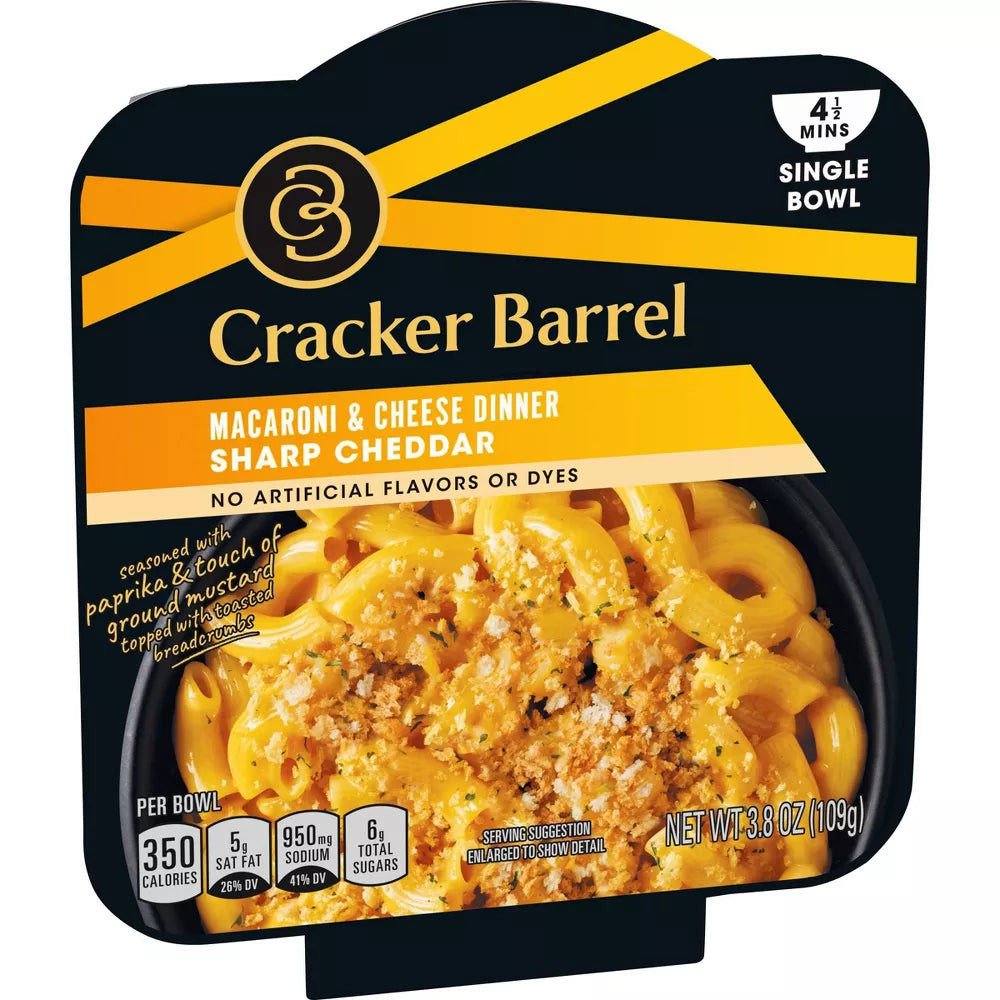 Cracker Barrel Sharp Cheddar Mac and Cheese Single Bowl Easy Microwaveable Dinner - 3.8oz