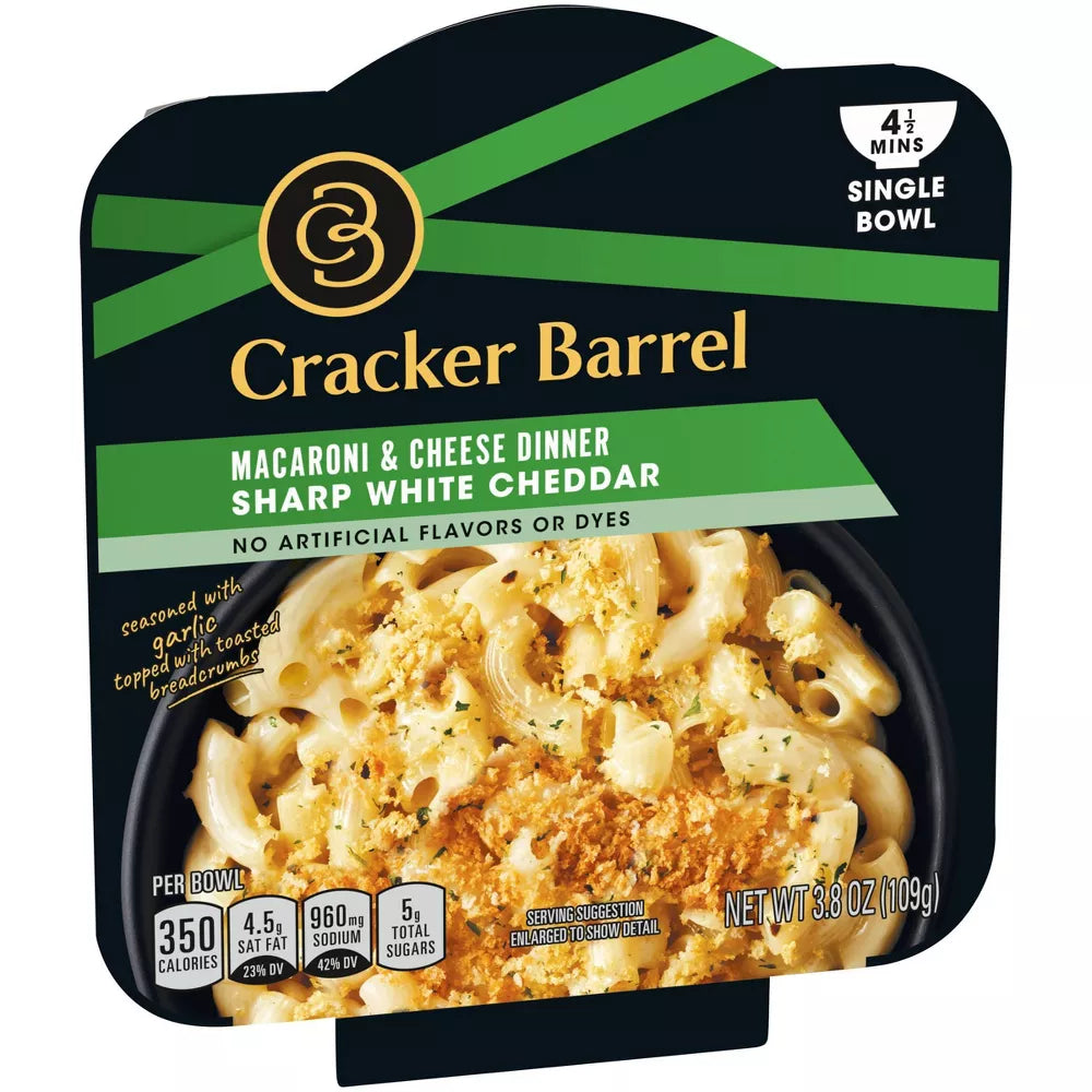 Cracker Barrel Sharp White Cheddar Mac and Cheese Single Bowl Easy Microwaveable Dinner - 3.8oz