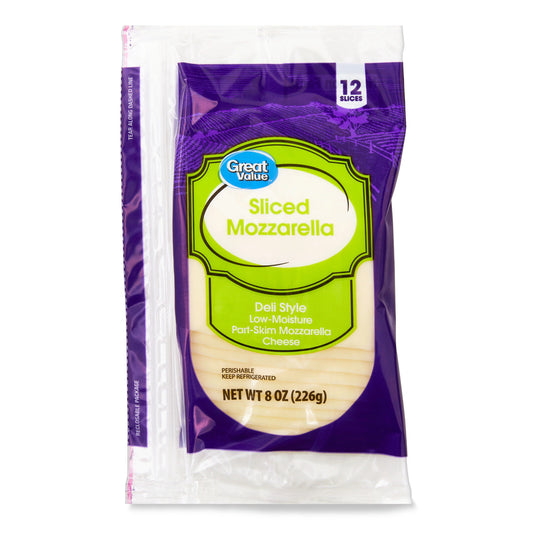 Great Value Gluten Free Deli Style Low-Moisture Part-Skim Sliced Mozzarella Cheese, 8 oz, 12 Count