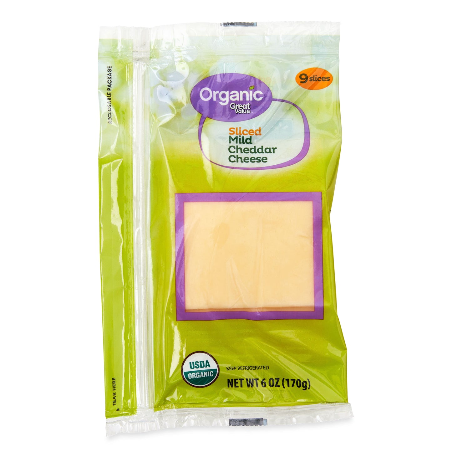 Great Value Organic Sliced Mild Cheddar Cheese, 6 oz