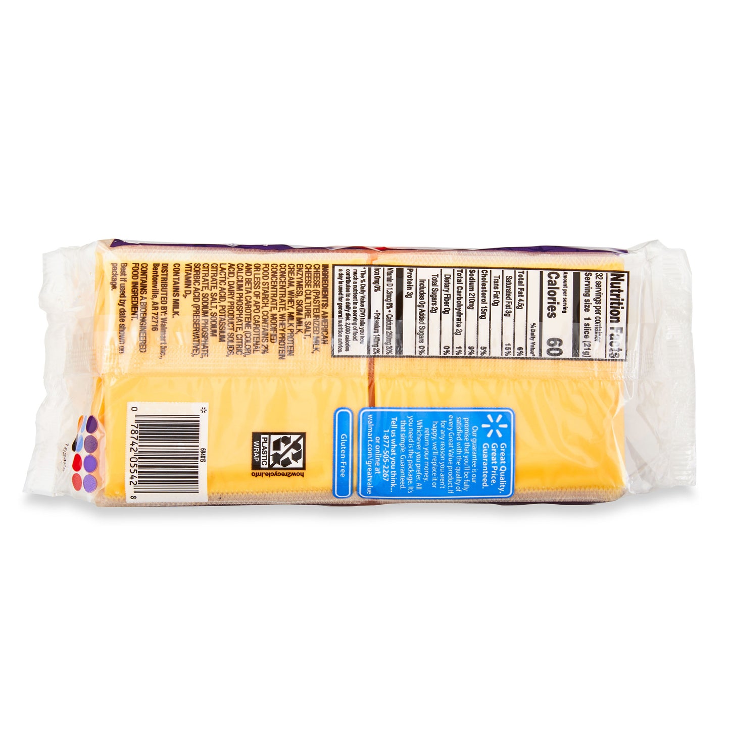 Great Value Singles American Pasteurized Prepared Cheese Product, 24 oz, 32 Count