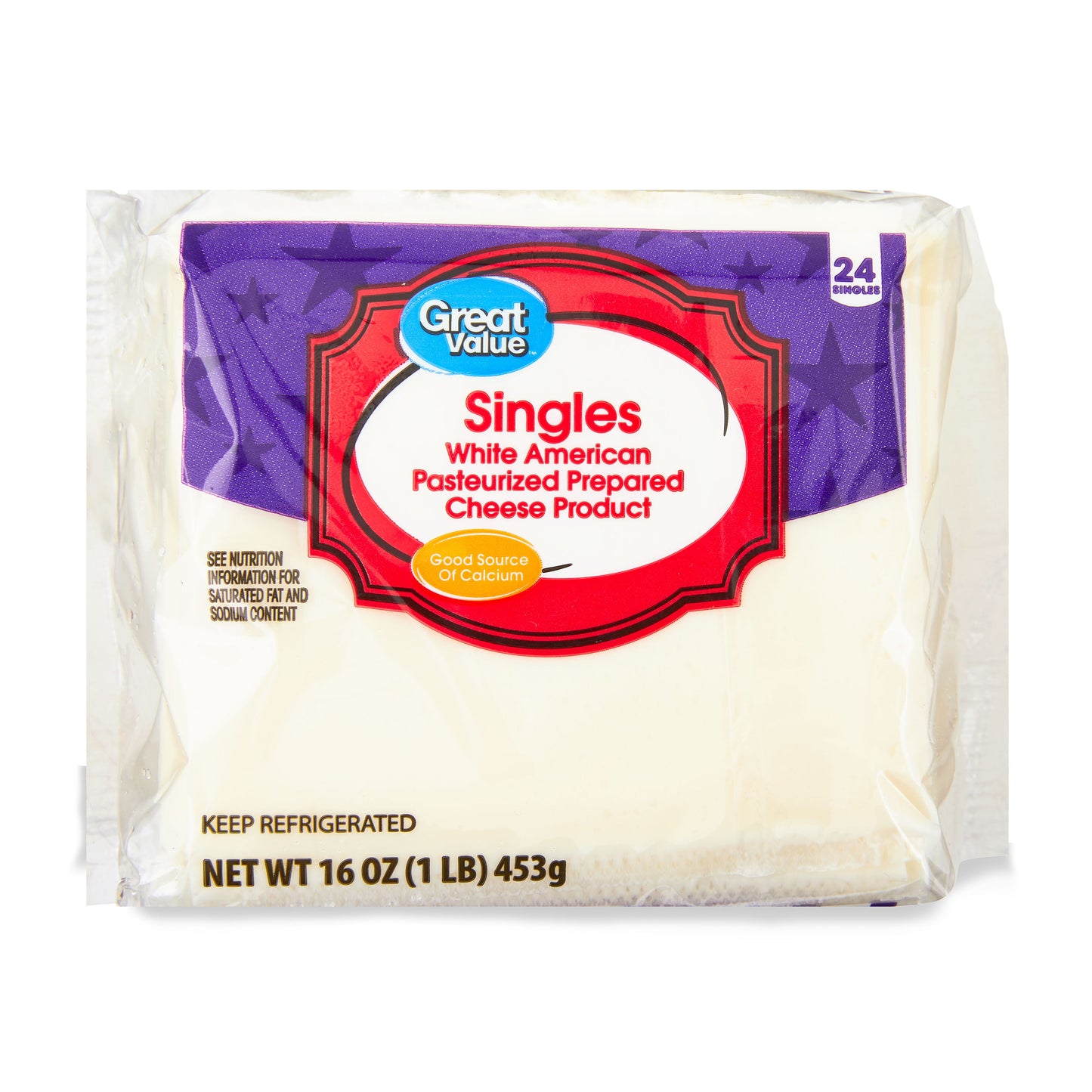 Great Value Gluten Free Singles Pasteurized Prepared Sliced White American Cheese, 16 oz, 24 Count