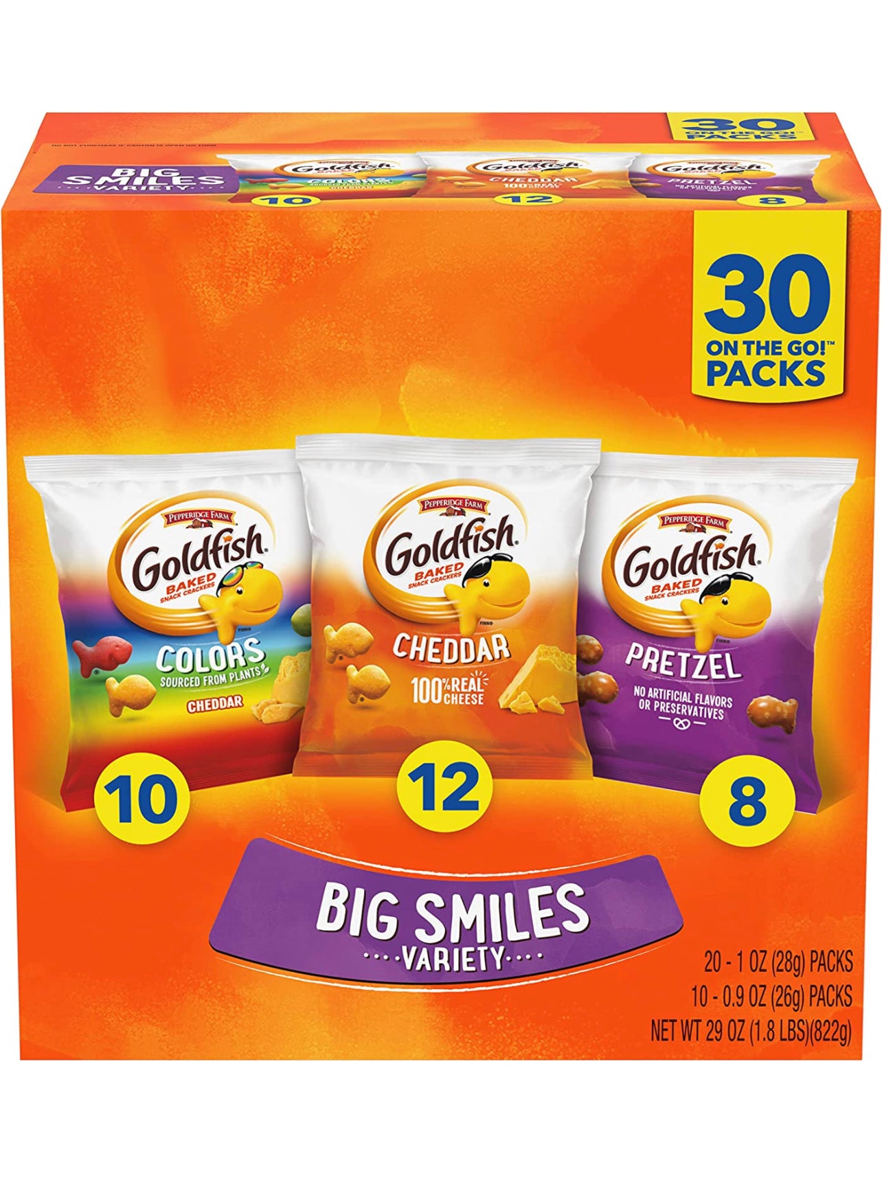 Goldfish Crackers Big Smiles Variety Pack with Cheddar, Colors, and Pretzels, Snack Packs, 30 Ct