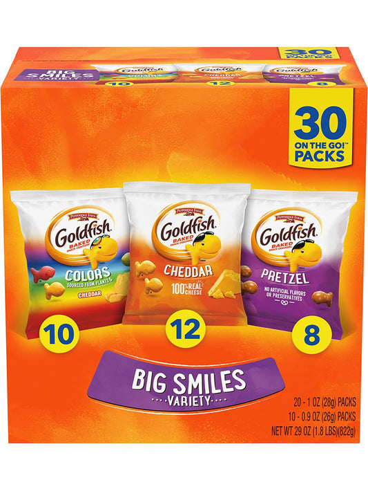 Goldfish Crackers Big Smiles Variety Pack with Cheddar, Colors, and Pretzels, Snack Packs, 30 Ct